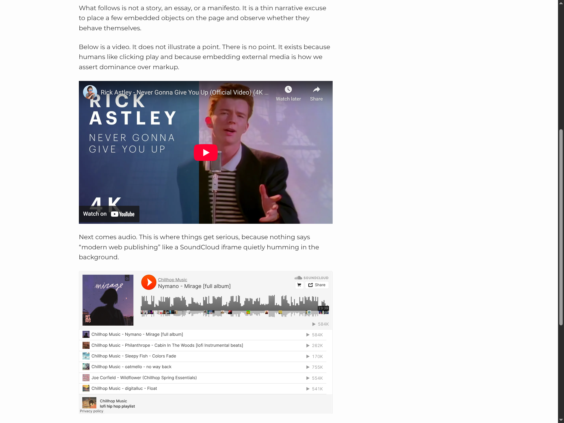 Embedded video in a generated post