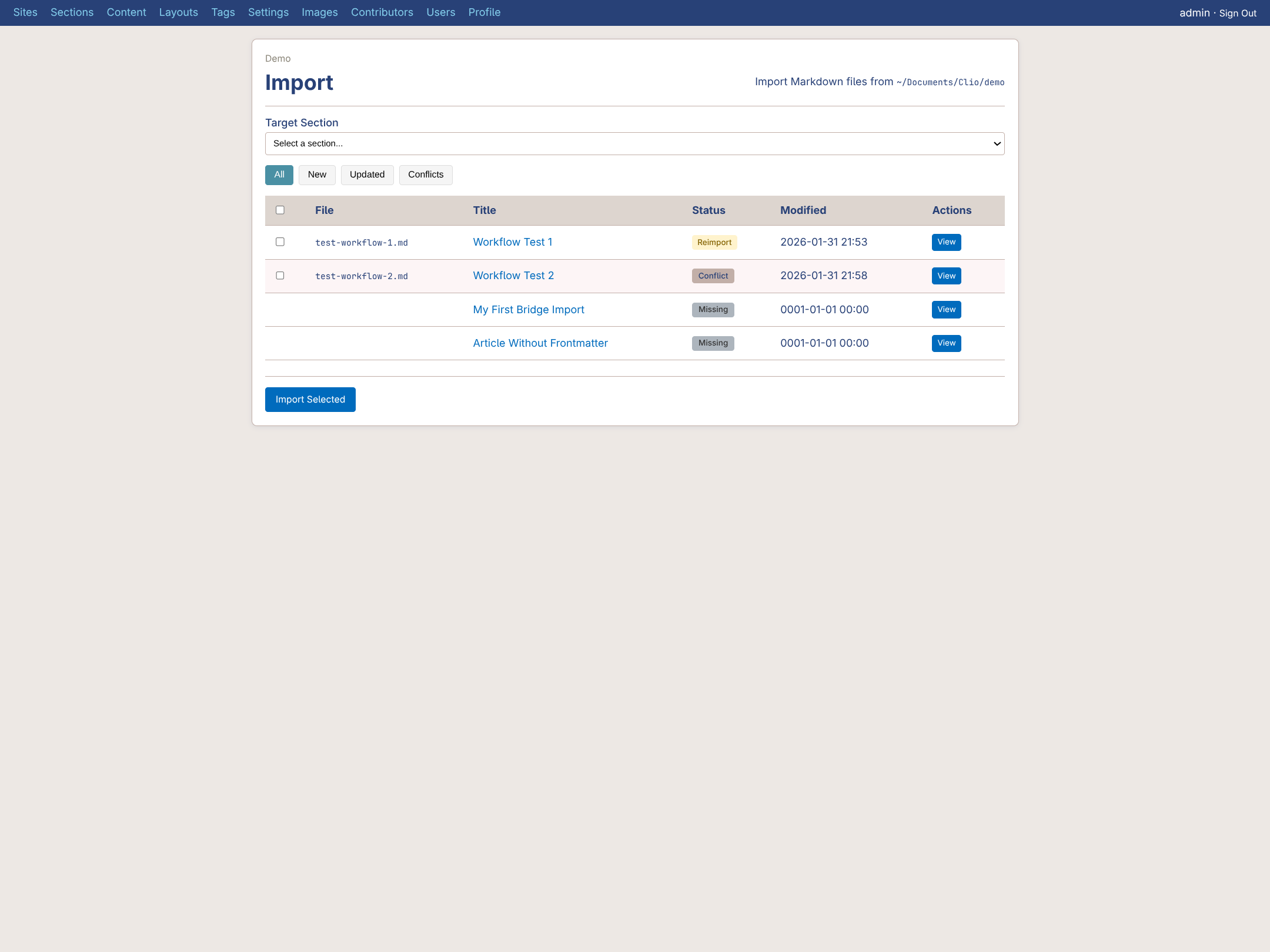 Import interface showing files ready to import