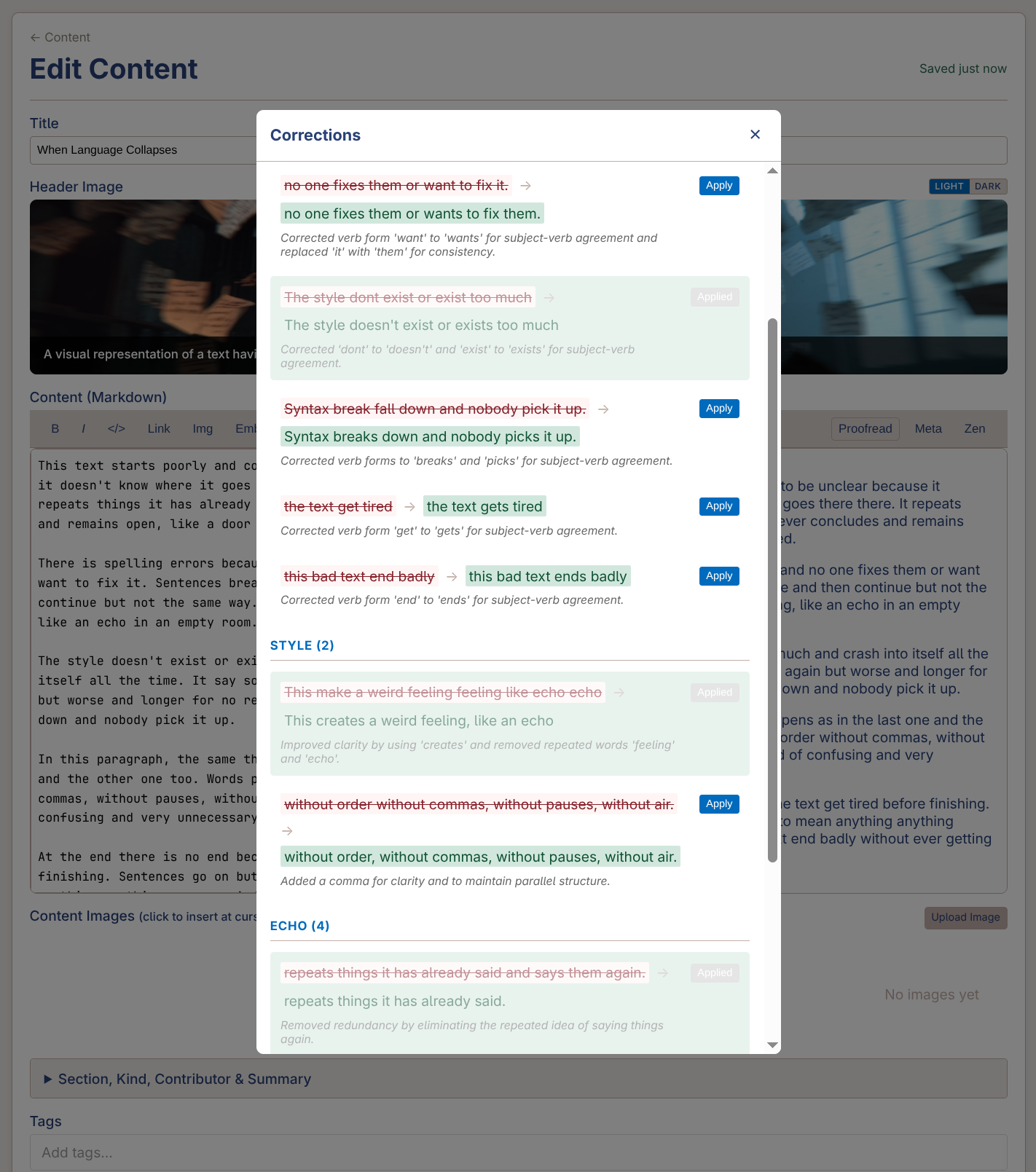 Proofreading showing suggested corrections