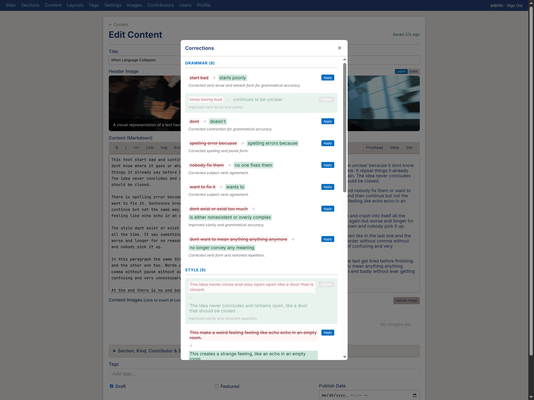 Proofreading showing suggested corrections