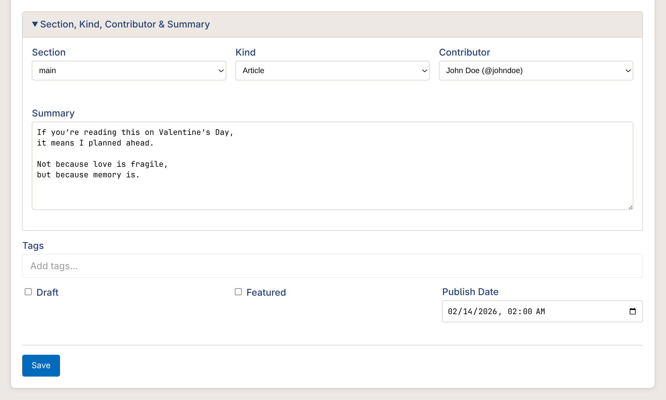 Scheduled publishing showing a post set for future publication